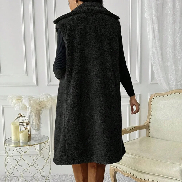 Black Casual Women's Fleece Turndown Collar - Picture 2 of 2